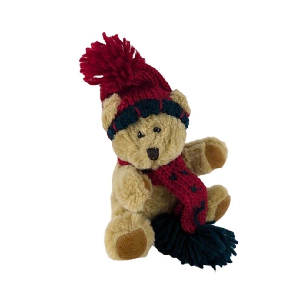 Hugfun Teddy Bear Plush Tan 6"‎ Stuffed Animal Toy Christmas Knit Hat Scarf Vtg
